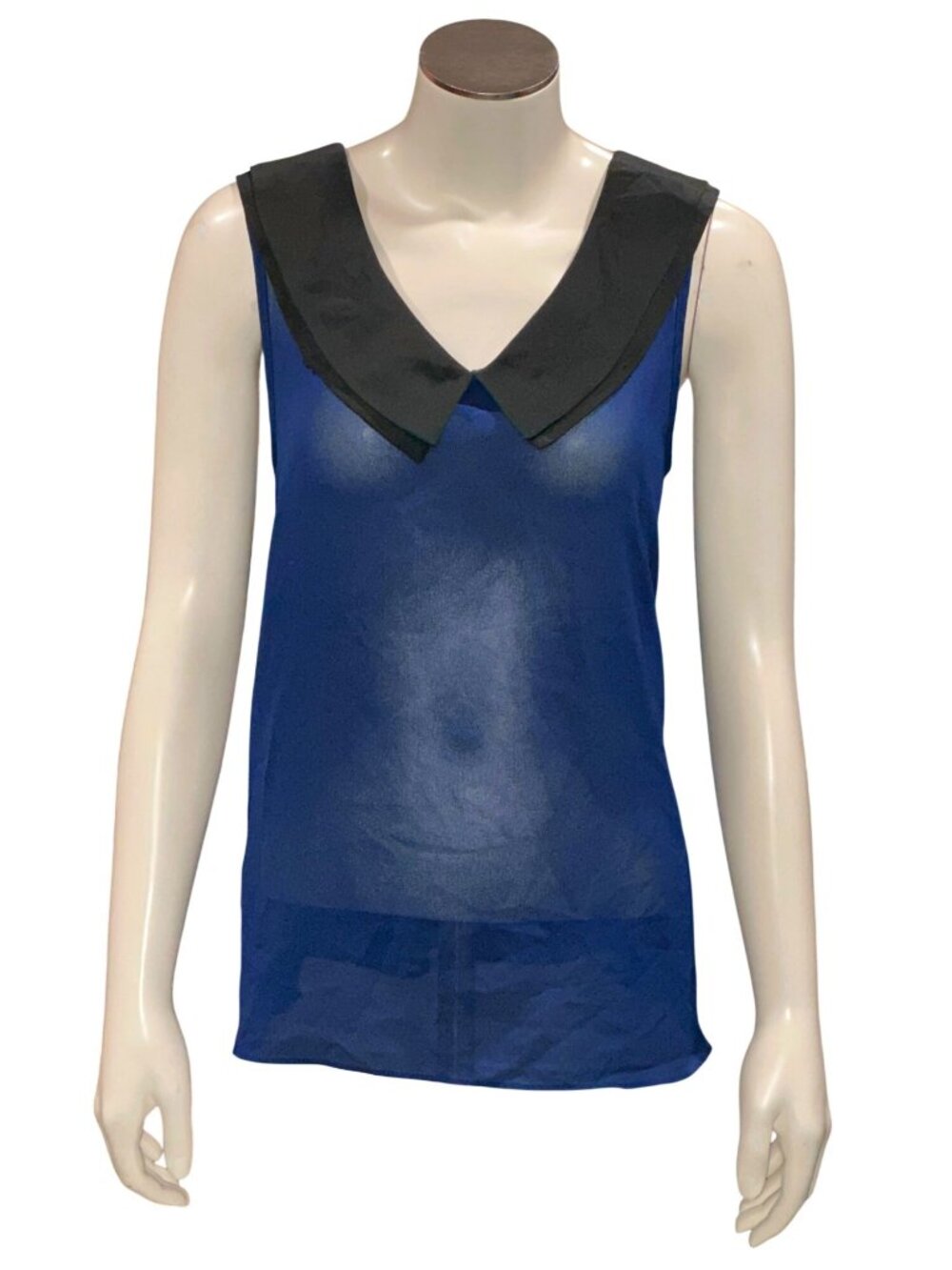 Forever 21 Size Large Blue Black Sheer Collar Sleeveless Blouse Chic Streetcore - Picture 3 of 8